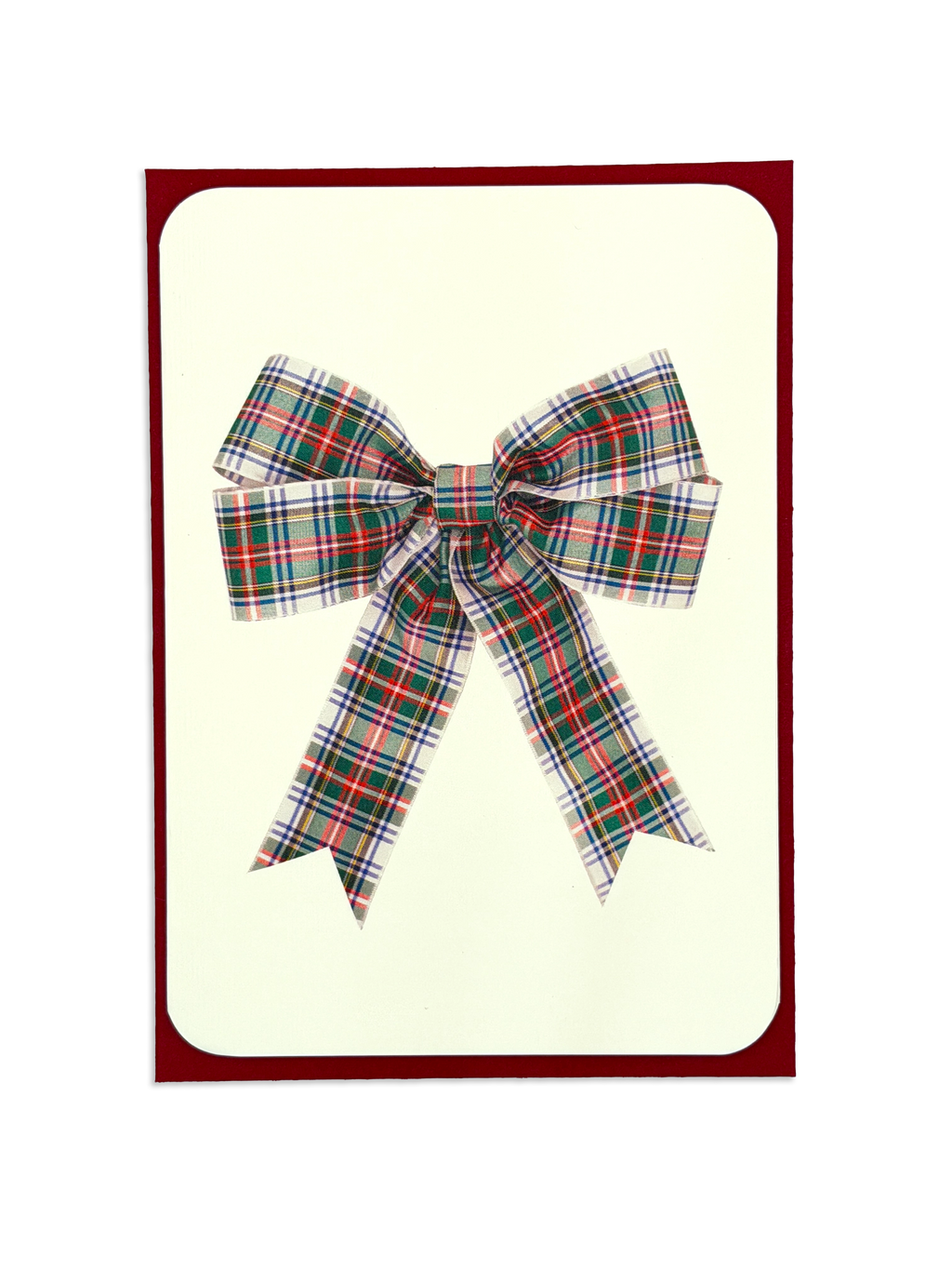 White, Green & Red Tartan Bow Greeting Card