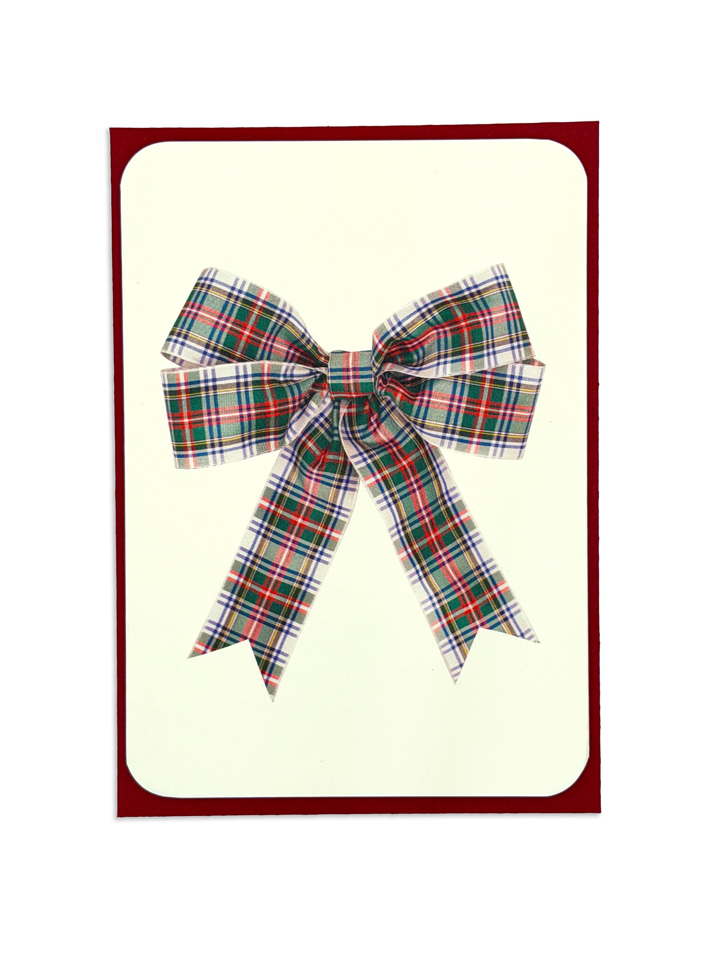 White, Green & Red Tartan Bow Greeting Card