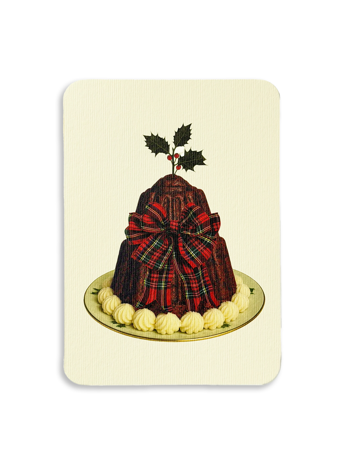 Christmas Plum Pudding Red Tartan Bow Greeting Card