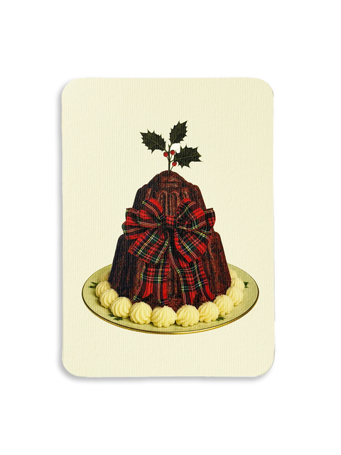 Christmas Plum Pudding Red Tartan Bow Greeting Card