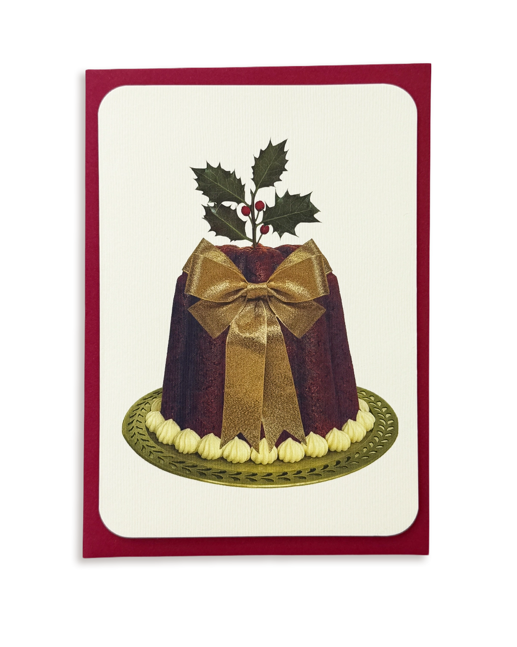 Christmas Plum Pudding Gold Bow Greeting Card