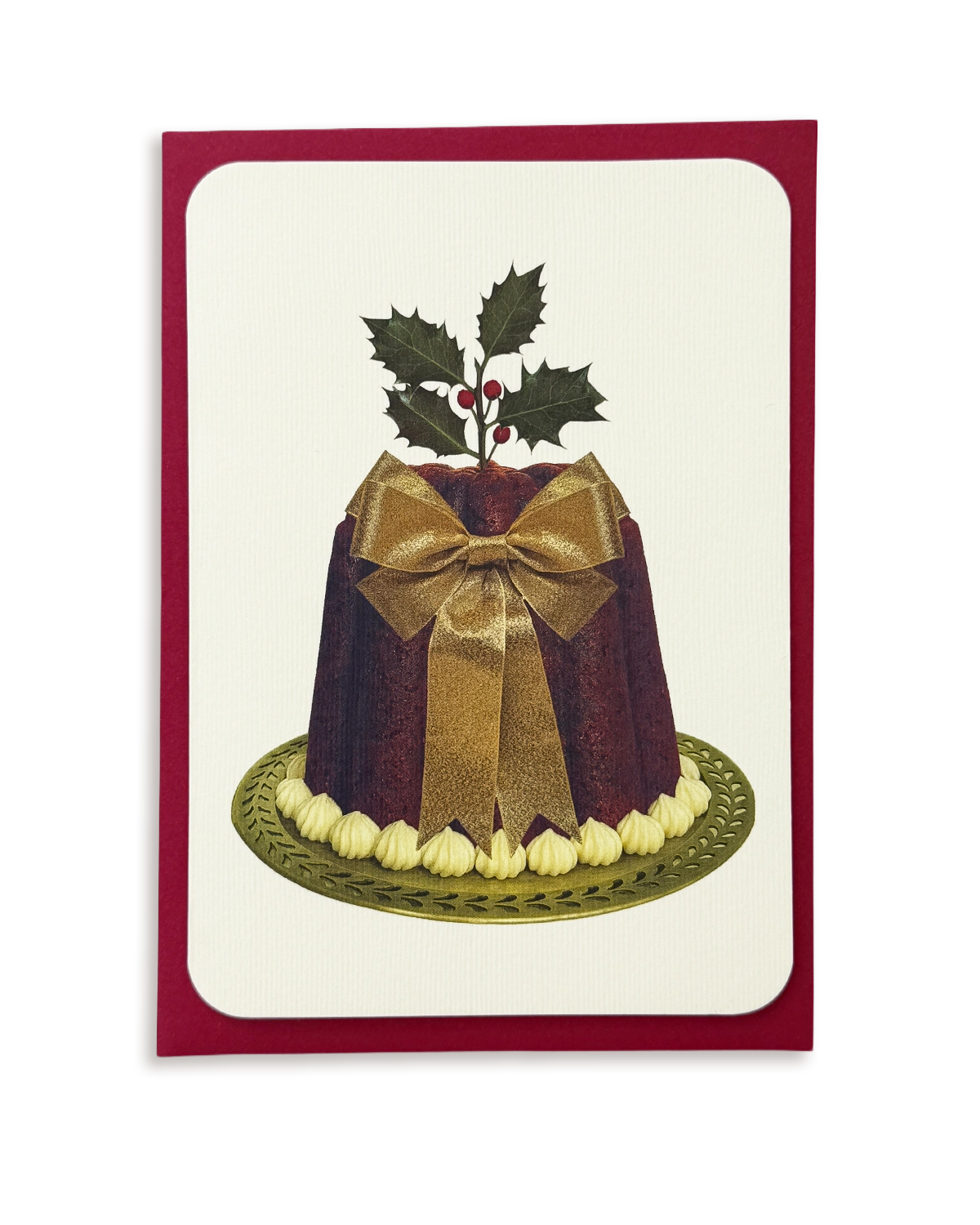 Christmas Plum Pudding Gold Bow Greeting Card