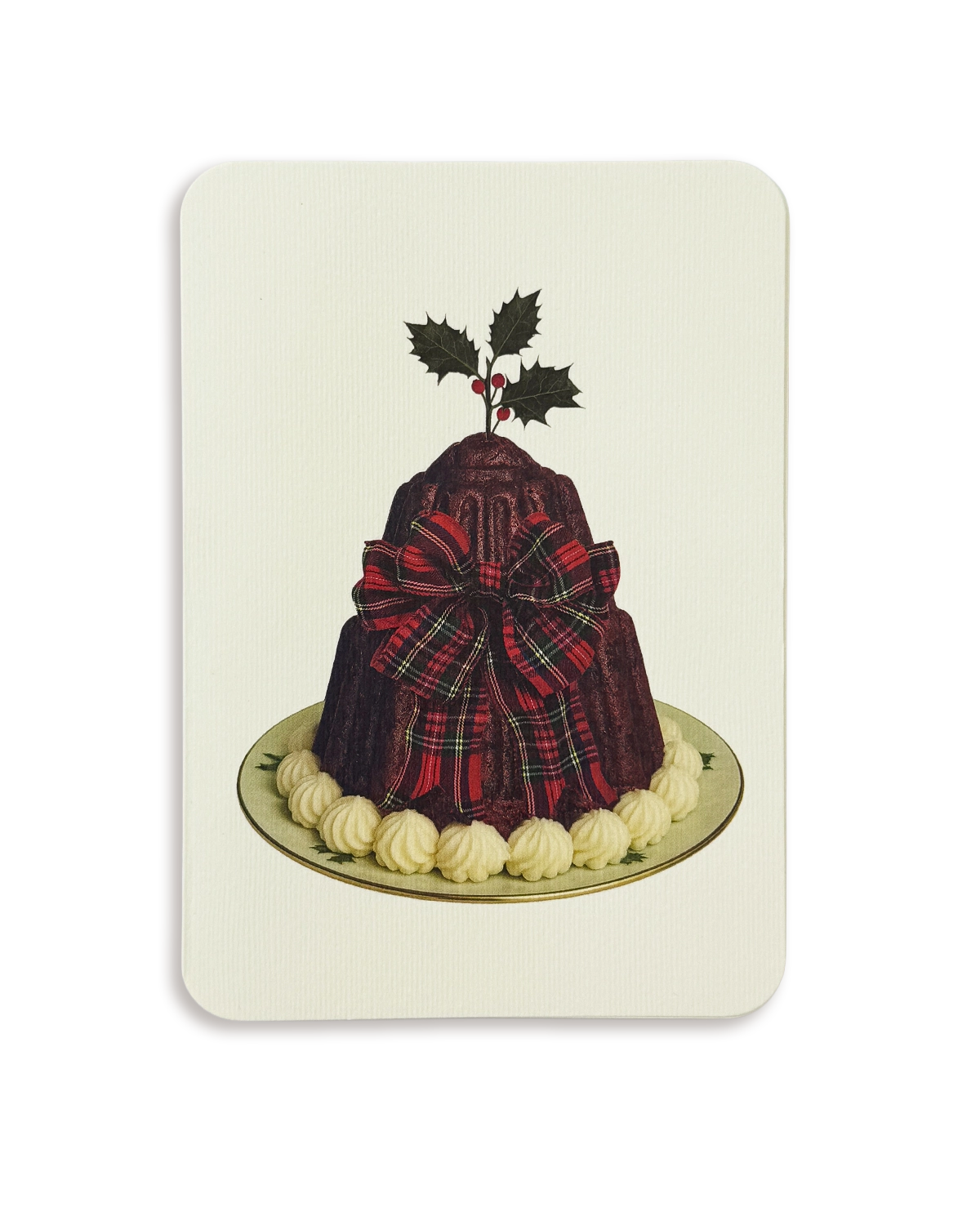 Christmas Plum Pudding Red Tartan Bow Greeting Card