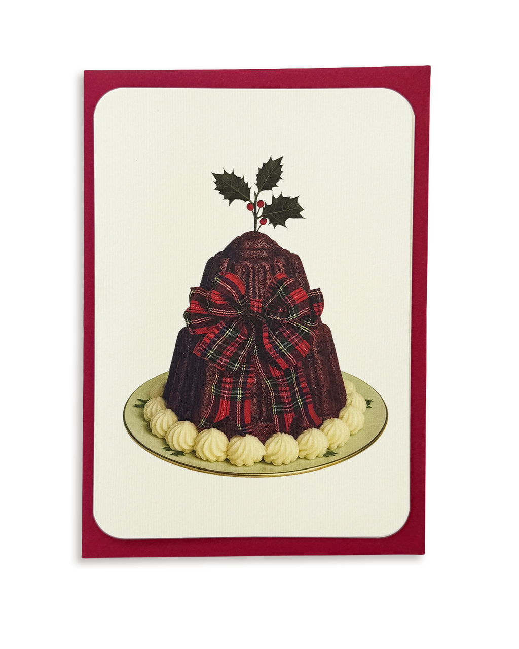Christmas Plum Pudding Red Tartan Bow Greeting Card