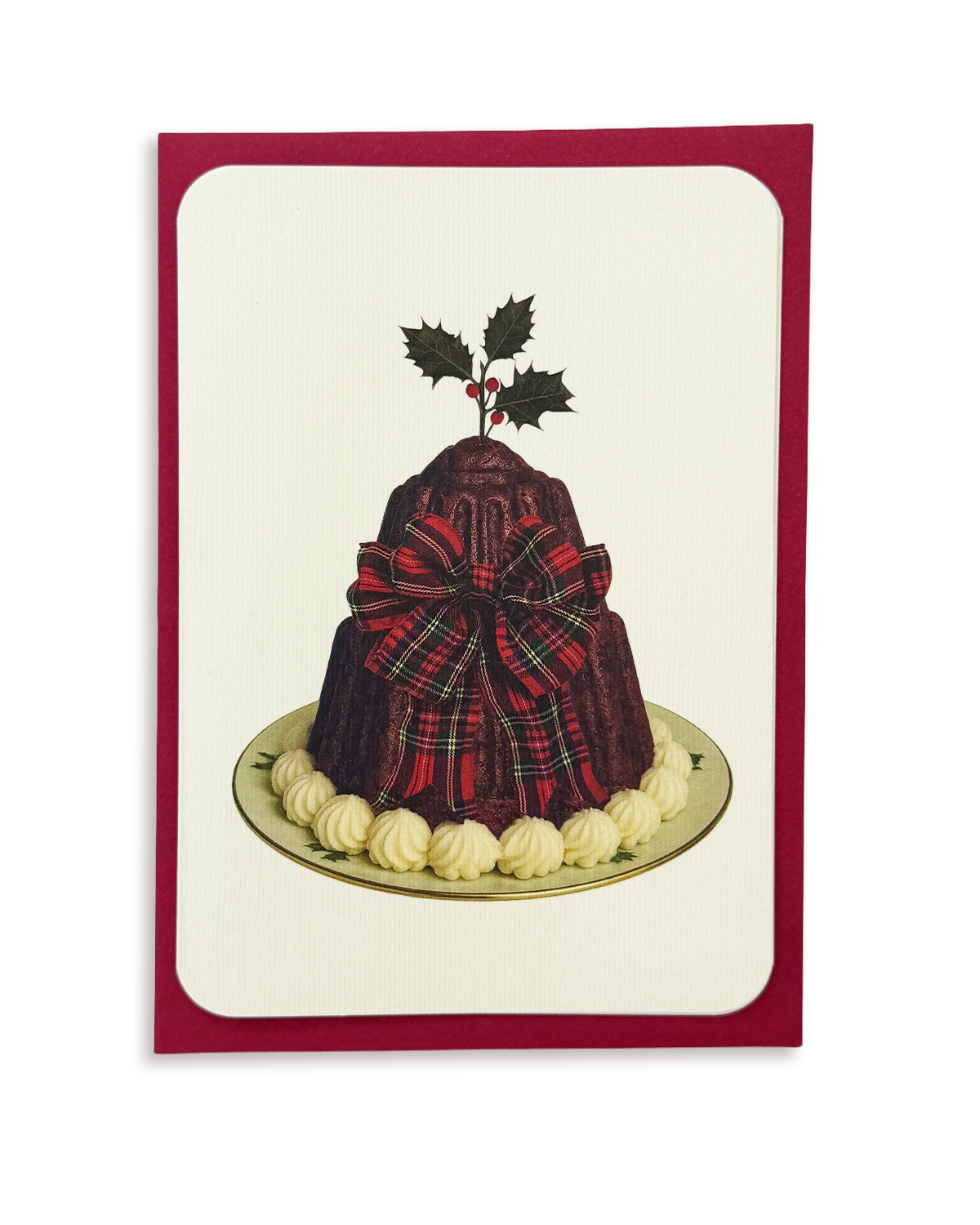 Christmas Plum Pudding Red Tartan Bow Greeting Card