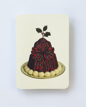 Christmas Plum Pudding Red Tartan Bow Greeting Card